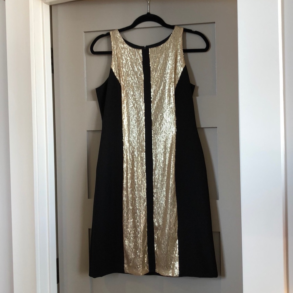Great black dress with gold tiny sequins.